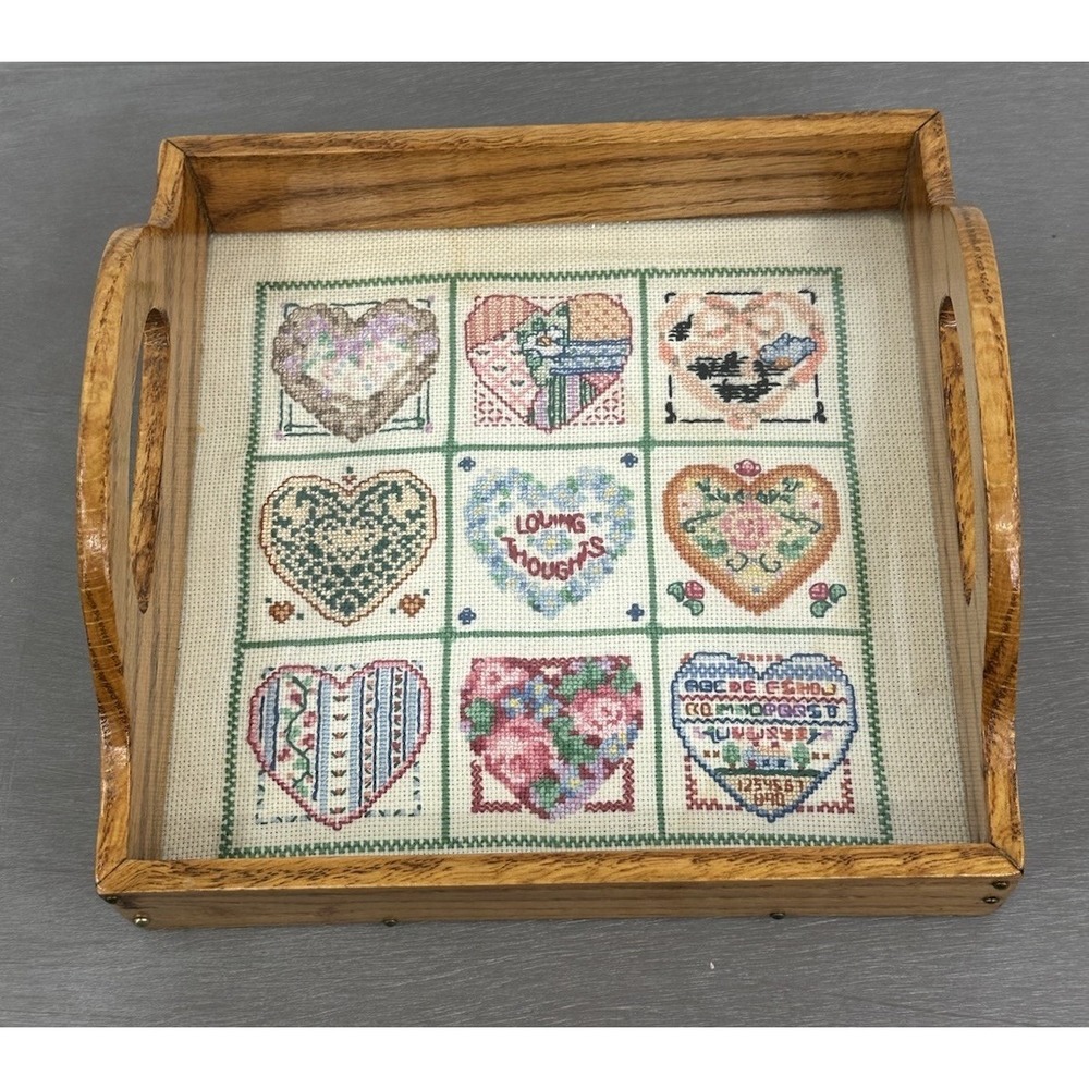 Handcrafted Wooden Serving Tray with Cross-Stitch Heart Panel - Multicolor